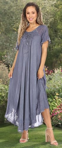 Image of Sakkas Egan Long Embroidered Caftan Dress /Cover Up with Embroidered Cap Sleeves