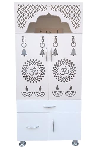 Image of Wooden Temple for Home | Handcrafted Pooja Mandir with Doors, Drawers & Shelves | Decorative Carved Design for Home, Office, Mandir & Spiritual Spaces