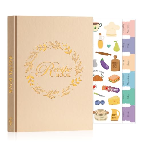 Lanpn A5 Blank Recipe Book Cookbook to Write in Your Own Recipes, Leather Cover Waterproof Empty Cooking Journal for 70 Recipes, Recipe Notebook with Stickers to Organize Your Family Recipes, Oat