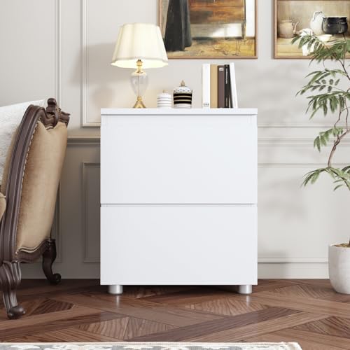 Image of Modern Nightstand with 2 Drawers, Modern Handleless Bedside Table for Small Spaces, Compact Wood End Table for Bedroom, White 15.7 inch W x 11.6 inch D x 18.9 inch H