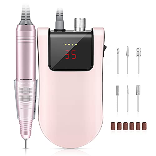 Professional 35000RPM Electric Nail Drill Machine - Portable Rechargeable E-file Nail File Kits Tools for Acrylic Nails Polish To Remove Nail Gels Cuticle, Salon or Home Use, LED Display