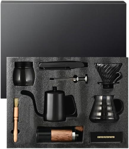 Oceanightコーヒーミル 手動 コーヒーマスター セット ドリップ 器具 コーヒー 耐熱ガラス キャンプ コーヒードリッパー ドリップケトル コーヒーセット コーヒーサーバー ハンドドリップセット ミル 手挽き おしゃれ コーヒーミル セット 初心者 ギフト プレゼント 携帯 コーヒー用品 アウトドア 旅行 (プレミアムボックスセット【マスターエディション10点セット】,ブラック)