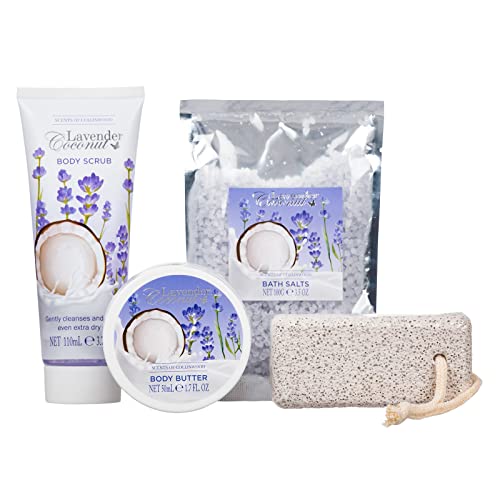 Scents of Collinwood, 4 Piece Women’s Wonderful Lavender Coconut Scent Bath Box Set, Includes Body Scrub, Body Butter