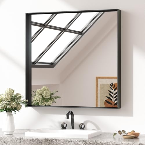 Image of Keonjinn 30x30 Inch Matte Black Bathroom Mirror for Over Sink, Square