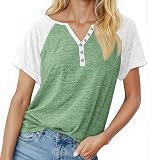 MaQiYa Womens Henley V Neck Raglan Short Sleeve T Shirts Color Block Casual Tees Shirts Tops (Z-Light Green, Medium)