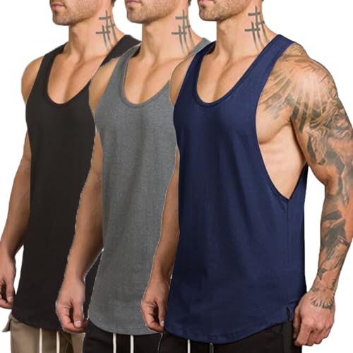 ZUEVI 3 Pack Muscle Tank Tops for Men Sleeveless Cut Off Shirts Bodybuilding Gym Workout Stringer T-Shirts (Black&Grey&Navy Blue-L)