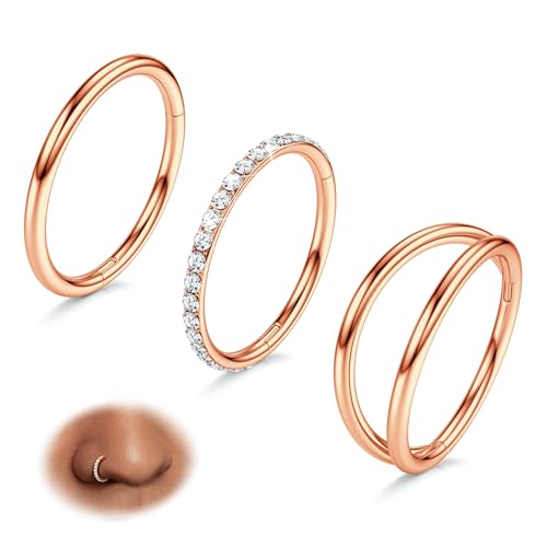 BodyBonita 3Pcs Rose Gold Plated 316L Surgical Steel Nose Rings Hoops Double Hoop Nose Ring 18G CZ Conch Piercing Jewelry Septum Clicker Helix Tragus Daith 8mm