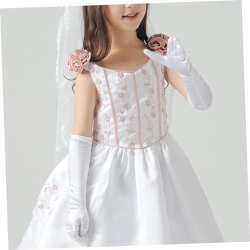 Beaupretty Flower Girl Gloves Long Satin Dress Gloves with Pearl Decor Elegant White Color for Weddings Evening4