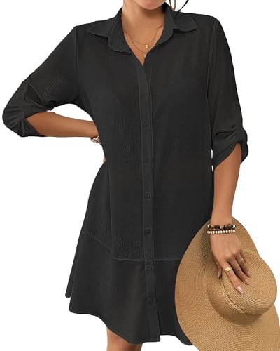 Bsubseach Swimsuit Coverup Women Button Down Ruffle Hem Summer Beach Shirt