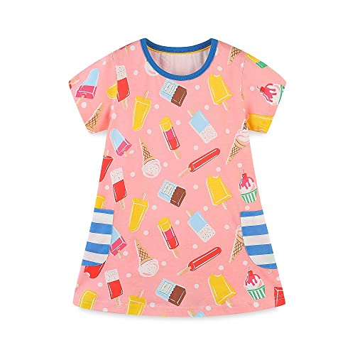 FreeLu Toddler Girl Clothes Cartoon Dress Casual Dresses Cotton T-Shirt(2T,Pink Icecream)