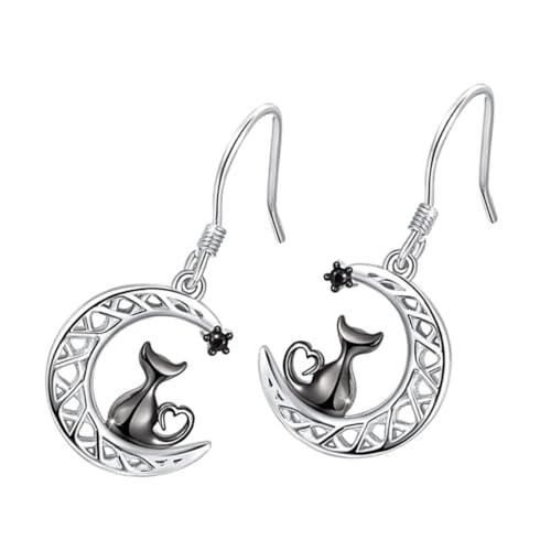 Boucles oreilles chat noir lune confortables et ultra légères