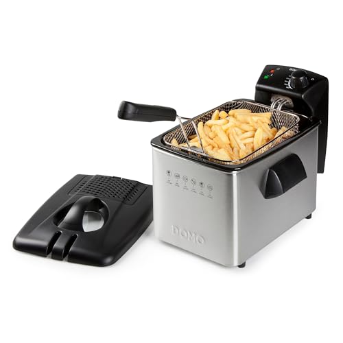DOMO DO465FR Friteuse à huile – 4L – 3000W – Sans PFAS – Hublot et filtre anti-odeurs – Zone froide – Friteuse familiale en acier inoxydable