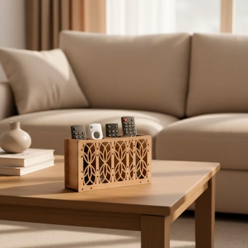 Image of Wooden Remote Holder for Table - 4 Slot Remote Organizer Caddy Decorative Laser Cut TV Remote Control Storage Stand for Coffee Table, Living Room & Office Size 7 x 5 x 2.5 Inches