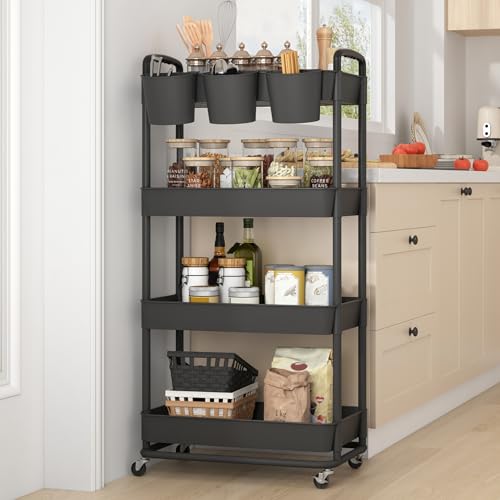 JIUYOTREE 4-Tier Plastic Rolling Storage Cart Utility Cart with Extra Hanging Cups Handles Lockable Wheels for Living Room Bathroom Kitchen Office Black - Image 5