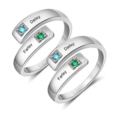 Personalised Silver Toe Rings for Women Men - Couple Promise Ring for Her and Him - Wedding Adjustable Finger Rings for Women with 2 Simulated Birthstone 2 Engraved Name Customised Love Gifts 2 Pack Cover