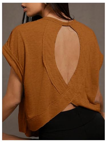 Image of SOLY HUX Women Open Back Tops Workout Backless Tee Casual Athletic Shirts Short Sleeve Oversized Gym T Shirt