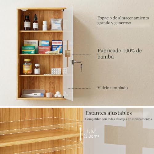 Botiquín de bambú con cerradura HEYZOEY de pared con 4 compartimentos para medicinas 5