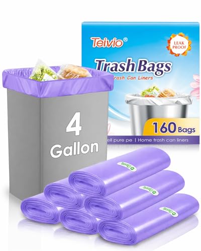 Image of Teivio Small Trash Bags 4 Gallon 160 Counts Garbage Bags, Bathroom Trash Can Bin Liners, Small Plastic Bags for home office kitchen, fit 12-15 Liter, 3,3.5,4.5 Gal, Purple