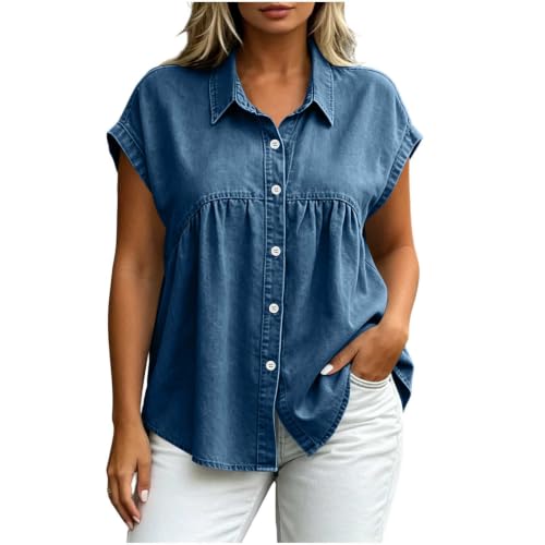 Cap Sleeve Denim Shirt for Women Babydoll Jean Blouse Casual Summer Top