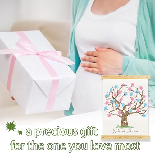 Image of QZCYU Gender Reveal Fingerprint Tree Canvas Guest Books, Baby Shower Decorations, Gender Reveal Party Decorations Gifts Ideas, Baby Shower Party Supplies, Thumbprint Hanging Paintings(12x15in)