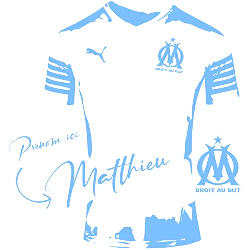 Sticker Maillot OM - Maillot Olympique de marseille - prénom personnalisable - disponible en 3 tailles et 18 couleurs Bleu clair 64x80 cm