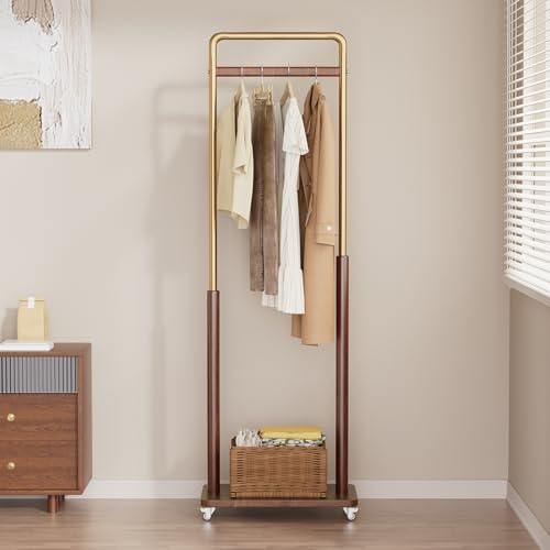 Coat Rack,Solid Wood Coat Rack,Metal and Solid Wood Combination Coat Racks with Wheels,Suitable for Entryway, Bedroom, Living Room, Coat Racks Freestanding for Pants, Scarf (Walnut)