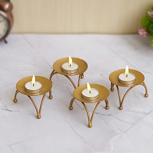 Image of Set of 4 Decorative Handcrafted Golden Metal Tea Light Candle Holder Stand - Elegant Home Decor, and Thoughtful Gift for Diwali, Christmas, Festive Celebrations - Perfect for Home, Parties, Weddings