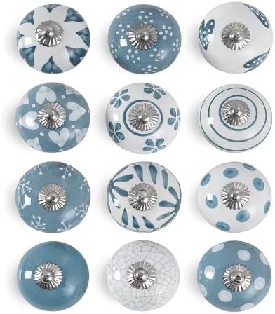 Ceramic Knobs- Multi Color Mix Designed Ceramic Cupboard Cabinet Door Knobs Drawer Pulls & Chrome Hardware (Set 10 ; Grey & White)