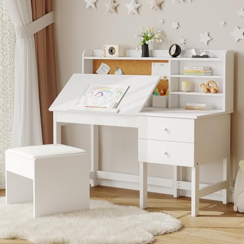 Garvee Kids Desk and Chair Set, Wooden Study Table with Adjustable Tilt Desktop, Drawers & Cork Board - Children School Learning Desk Set for Boys & G