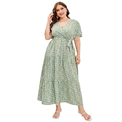 KOJOOIN Women Plus Size V Neck Wrap Maxi Dress Short Sleeves High Waist Ruffle Summer Casual Dress with Belt, XX-Large, Green Yellow Flower