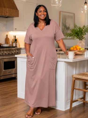 Image of Plus Size Maxi Dress for Women Short Sleeve V Neck Casual Loose Sundress with Pockets