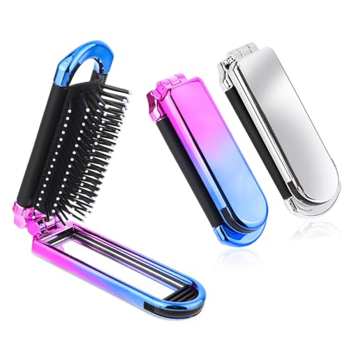 2 Pack Folding Hair Brush with Mirror, Portable Compact Hairbrush with Mirror Hair Styling Tools for Women and Men - Gradient Color & Silver