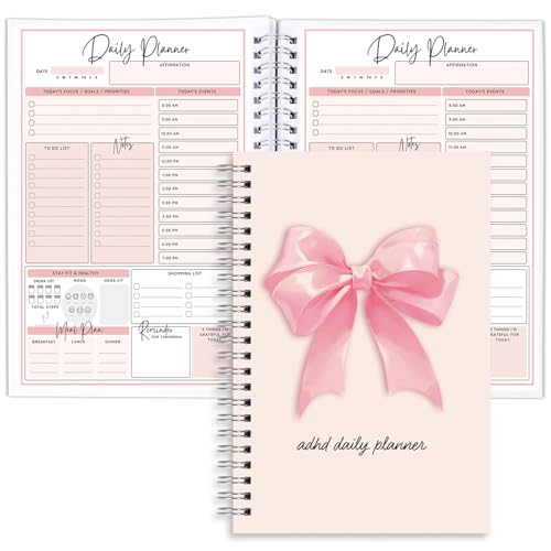 Wxiben ADHD Daily Planner for Adults - Pink Bow Daily Productivity Planner with To Do List Schedule Self-Cares Coquete Undated Task Management Full Focus Organizer for Neurodivergent Women Men