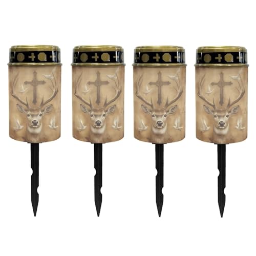 Poceacles Cross Solar Outdoor Lights Pack of 4 Solar Grave Lights Solar Cemetery Candles LED Automatic Flameless Candles Cemetery Outdoor Solar Lights for Loss of Dad, Deer Cross Dove of Peace Retro