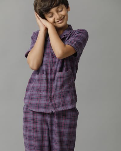 Image of Under Fourteen Only Boys Cotton Night Suit Set for Kids | Stylish Checkered Shirt and Pajama Combo | Comfortable Nightwear and Loungewear for Boys | Half Sleeves | Purple (6 Years-7 Years)