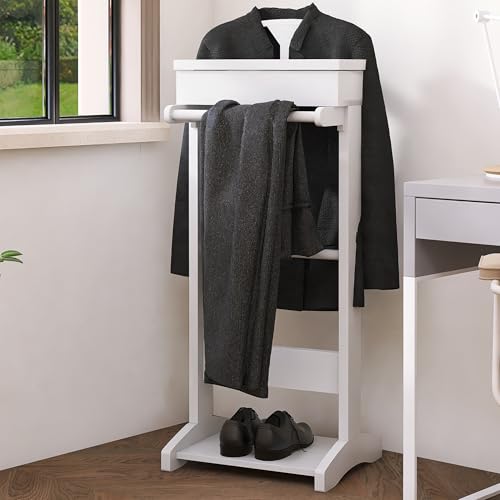 RELAHOGAR Mens Valet Stand with Top Tray Organizer, Shoe Shelf and Suit Rack, Wooden Clothes Valet Stand for Bedroom Entryway, Father\'s Day Gifts (White)