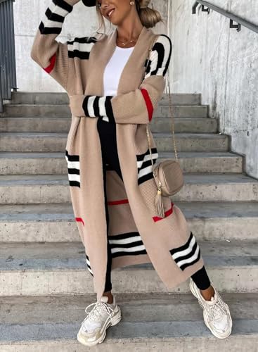 ebossy Women's Vintage Open Front Knit Striped Maxi Long Cardigan Sweater with Pockets2