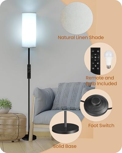 Image of Dimmable Floor Lamp for Living Room with Remote and Foot Switch, Corner Floor Lamp, Modern Standing Tall Lamp, 10W 900LM LED Bulb Included, 3000K-6500K, Linen Shade, Weighted, FCC Listed CW06LD05W1