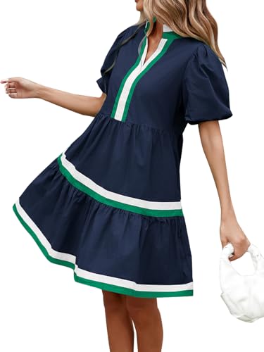 LifeShe Womens Puff Sleeve Babydoll Dress V Neck Navy Blue Striped Color Block Tiered Mini Dresses