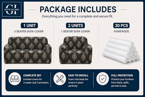 Image of Gifts Island Sofa Cover 3 Seater and 2 Seater Fully Covered Universal 5 Seater Sofa Cover Non-Slip Sticky Elastic Stretchable Sofa Set Slipcover Protector for (3+1+1 Seater), Brown Damask
