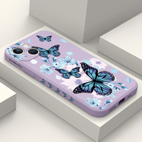 Coque iPhone 13 silicone liquide violet motif papillon aurore fine LEECG