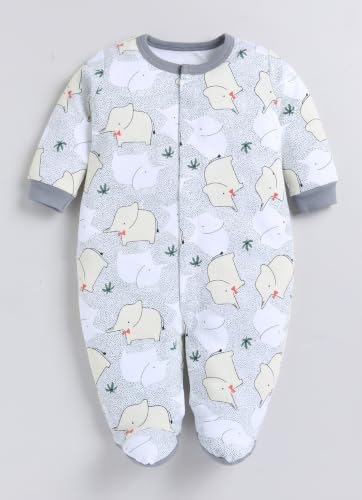 Image of BABY GO Baby Sleepsuit Pack of 3 | 100% Cotton Full Sleeve Footed Romper for Newborn Baby Boys & Girls | Front Open Snap Button Onesie Jumpsuit | Soft Breathable Nightwear