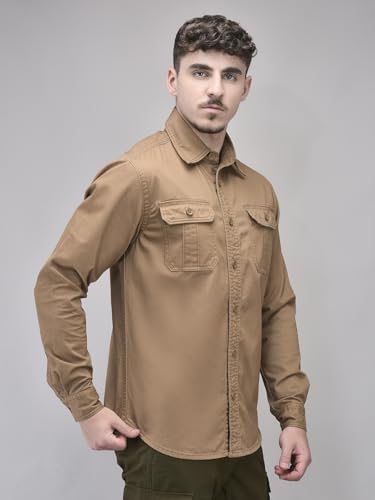 Image of Woodland Men's Camel Solid Casual Shirt | 100% Cotton Regular Fit Button-Down Shirt with Cutaway Collar & Flap Pockets | Office Wear & Weekend Casual