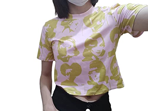 Y2k T-shirt rétro pour femme Imprimé graphique Y2k Crop Top été Col O Manches courtes Kawaii T-shirt E Fille Streetwear - Beige - Small Cover