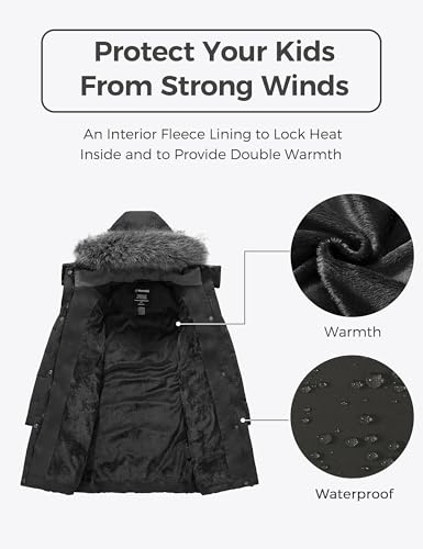 Image of wantdo Girls Winter Coats Long Puffer Jackets Fleece Lined Removable Hood | Detachable Faux Fur, 5000mm Waterproof, Zippered Pockets, Machine Washable