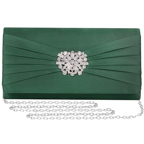 Image of Evening Bags For Women Pleated Satin Rhinestone Brooch Prom Clutch Purse With Detachable Chain Strap