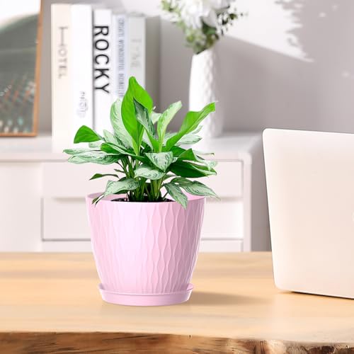 Homeuouz Plastic Plant Pots Indoor, 5 Pack 15cm Stripe Grooves Flower Pots with Drainage Holes and Tray, Modern Decorative Planter Pot for All House Plants（Multicolor） - Image 3