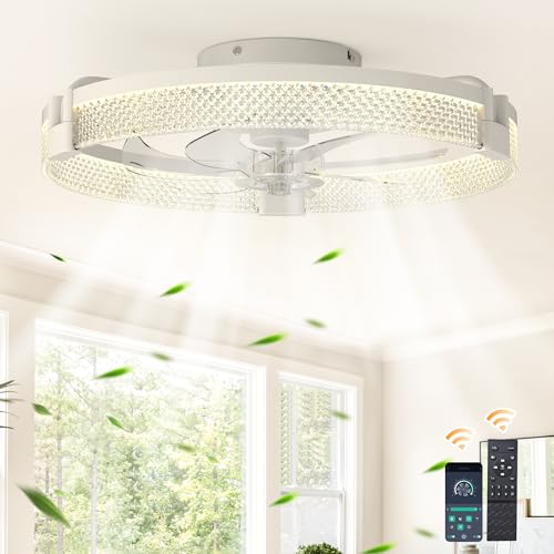 Ganeed Modern Ceiling Fan with Light, 50cm Flush Mount Ceiling Fan Light with Remote, 6 Speed Reversible Blades, Quiet Small Ceiling Light for Bedroom, Living Room - White