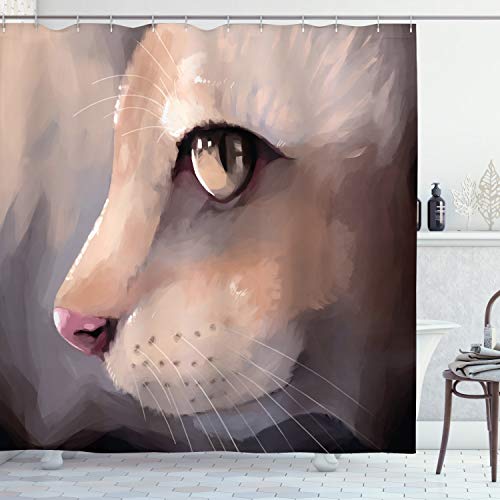 ABAKUHAUS Gatto Tenda da Doccia, Ritratto Kitty Cat Meow, Tessuto Set di Decorazioni per il Bagno con Ganci, 175 x 180 cm, Crema