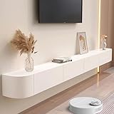 Sobstkeo Floating TV Stand Wall Mounted TV Cabinet Floating Shelves with Door Entertainment Media Console Solid Wood Modern Living Room Round Corner TV Stand (White, 160CM)